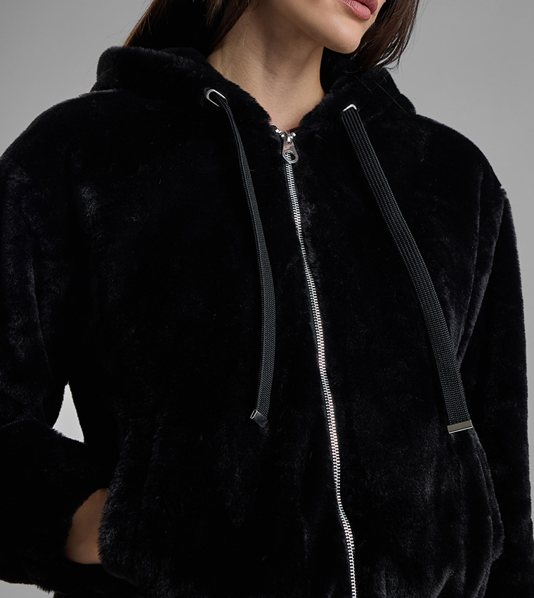 Solid Hooded Jacket with Zipper Closure