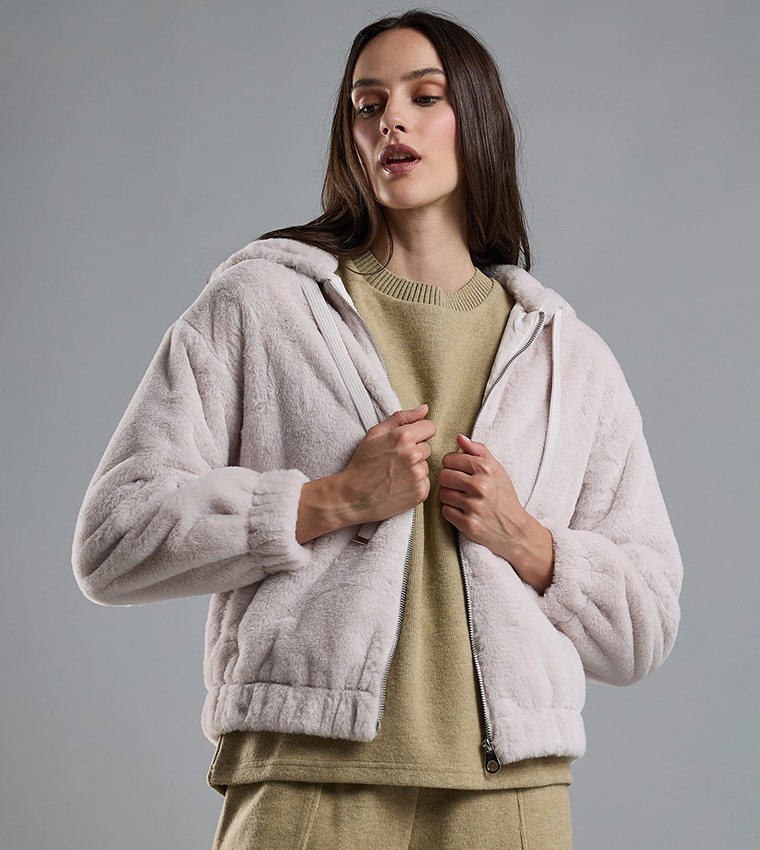Solid Hooded Jacket with Zipper Closure