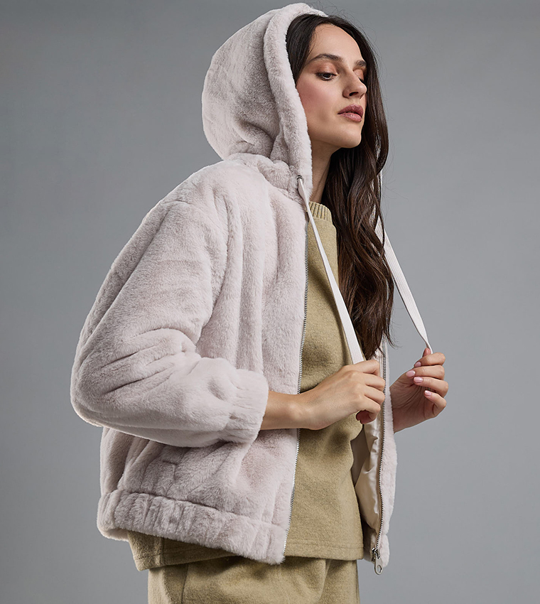 Solid Hooded Jacket with Zipper Closure