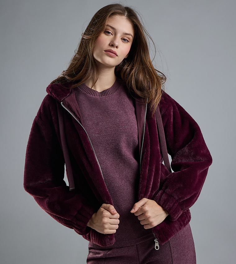 Solid Hooded Jacket with Zipper Closure