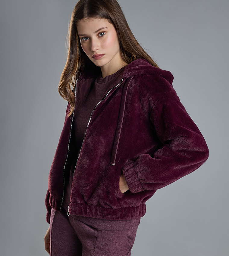 Solid Hooded Jacket with Zipper Closure