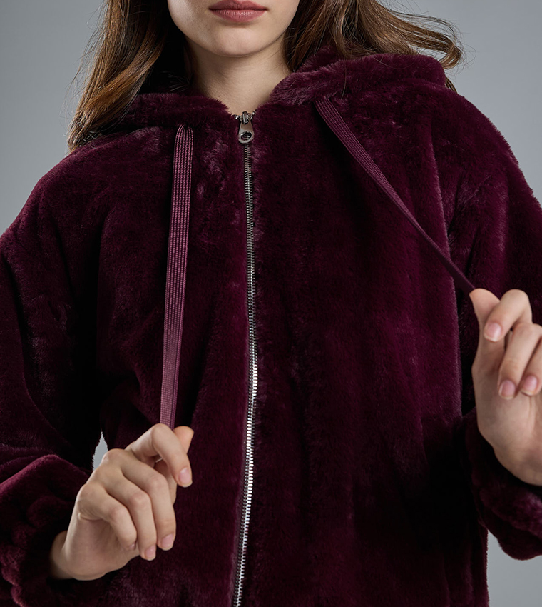 Solid Hooded Jacket with Zipper Closure