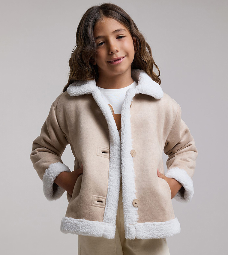 Sherpa Trim Jacket with Button Closure