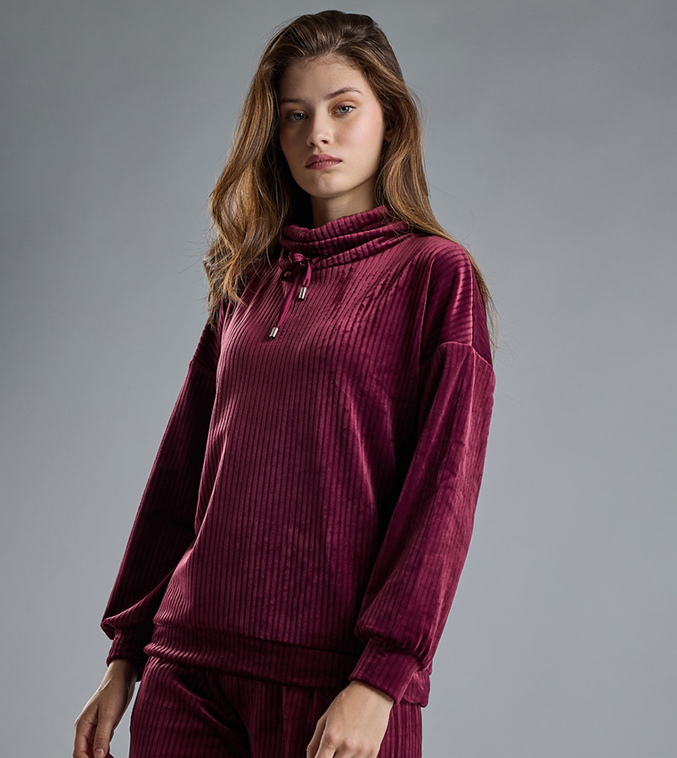 Ribbed Lounge Top with High Neck and Long Sleeves