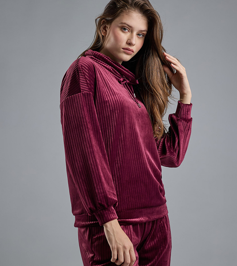 Ribbed Lounge Top with High Neck and Long Sleeves