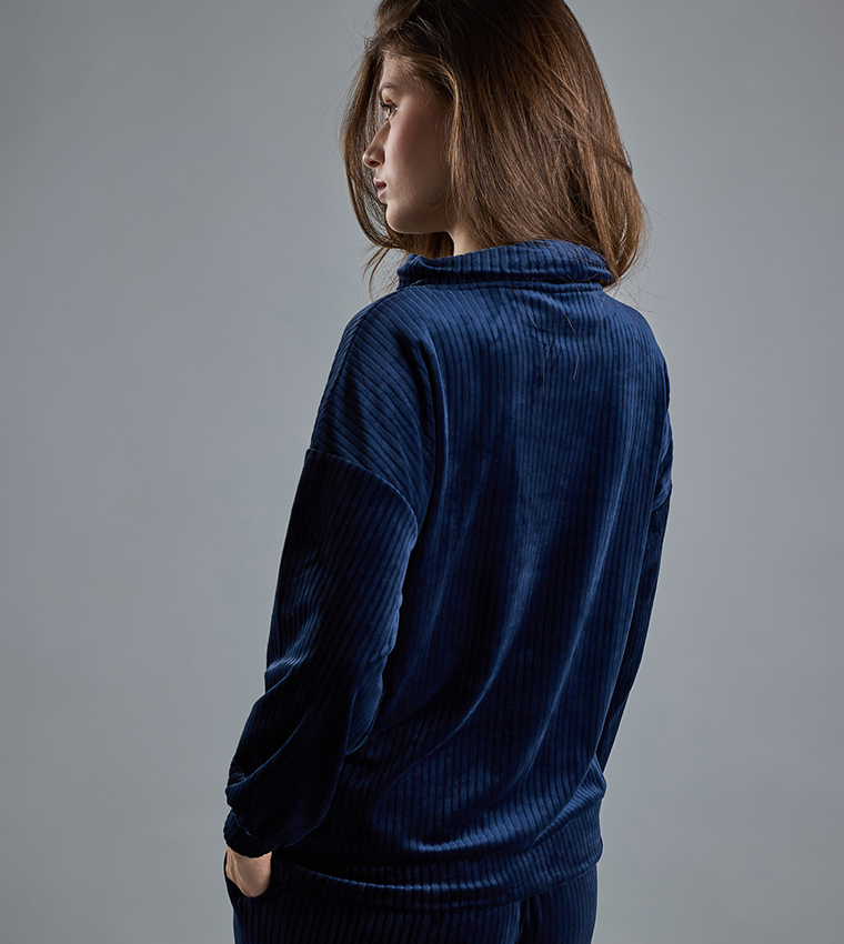 Ribbed Lounge Top with High Neck and Long Sleeves