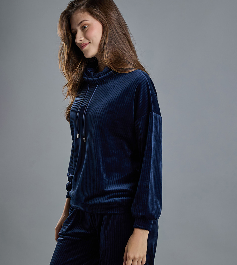Ribbed Lounge Top with High Neck and Long Sleeves