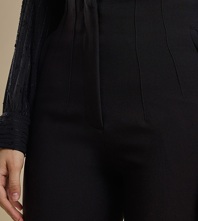 Solid Slim Fit Trousers with Button Closure