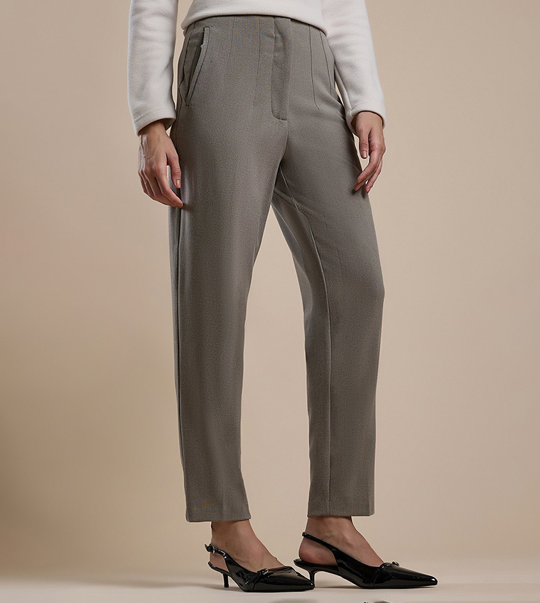 Solid Straight Fit Trousers with Button Closure