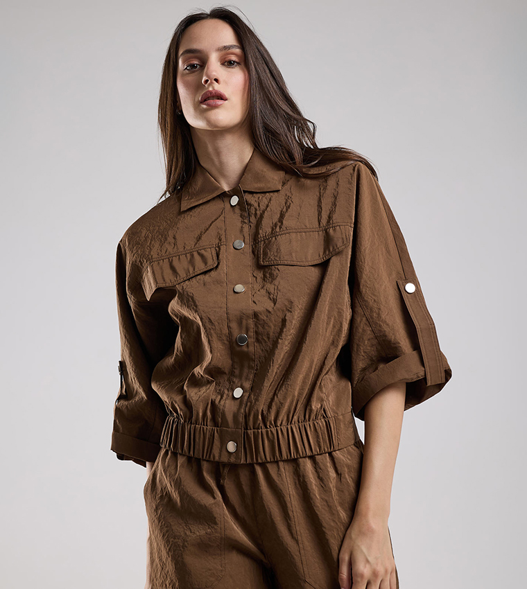 Solid Jacket with Shirt Collar and 3/4 Sleeves