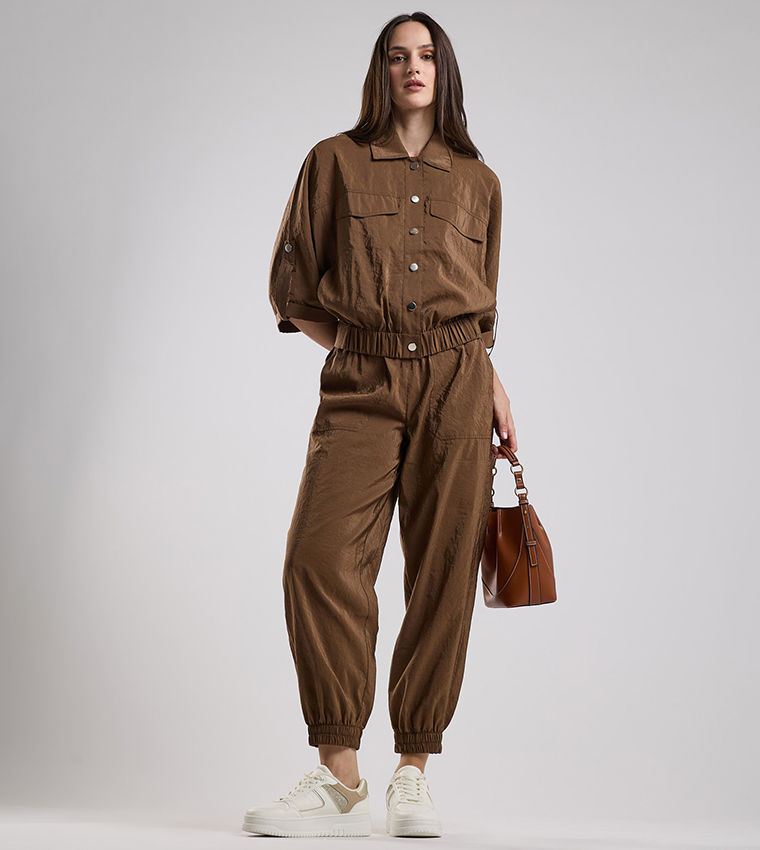 Solid Jacket with Shirt Collar and 3/4 Sleeves
