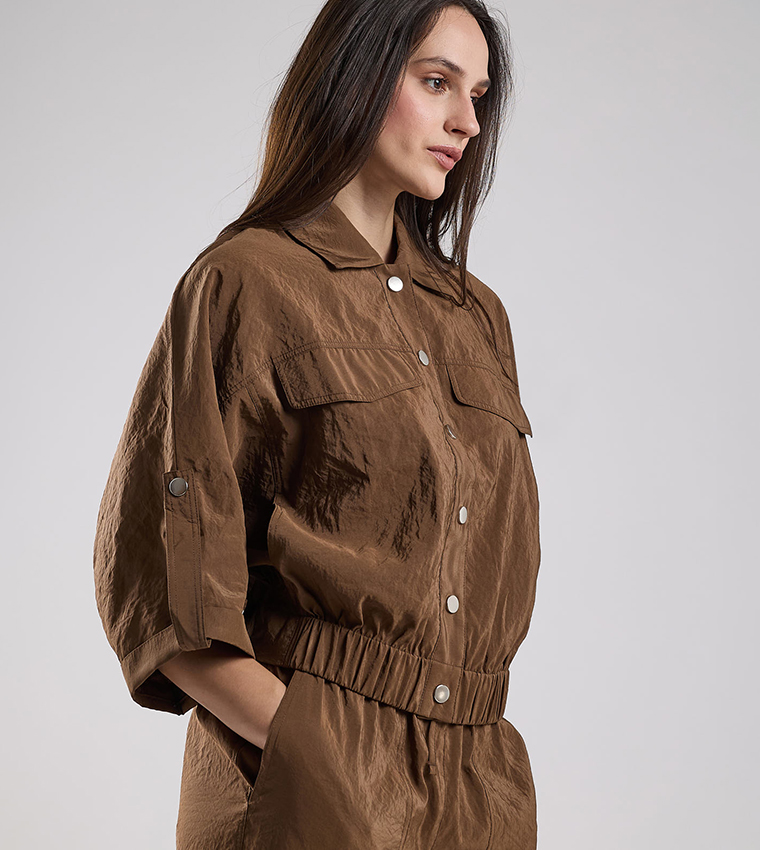 Solid Jacket with Shirt Collar and 3/4 Sleeves