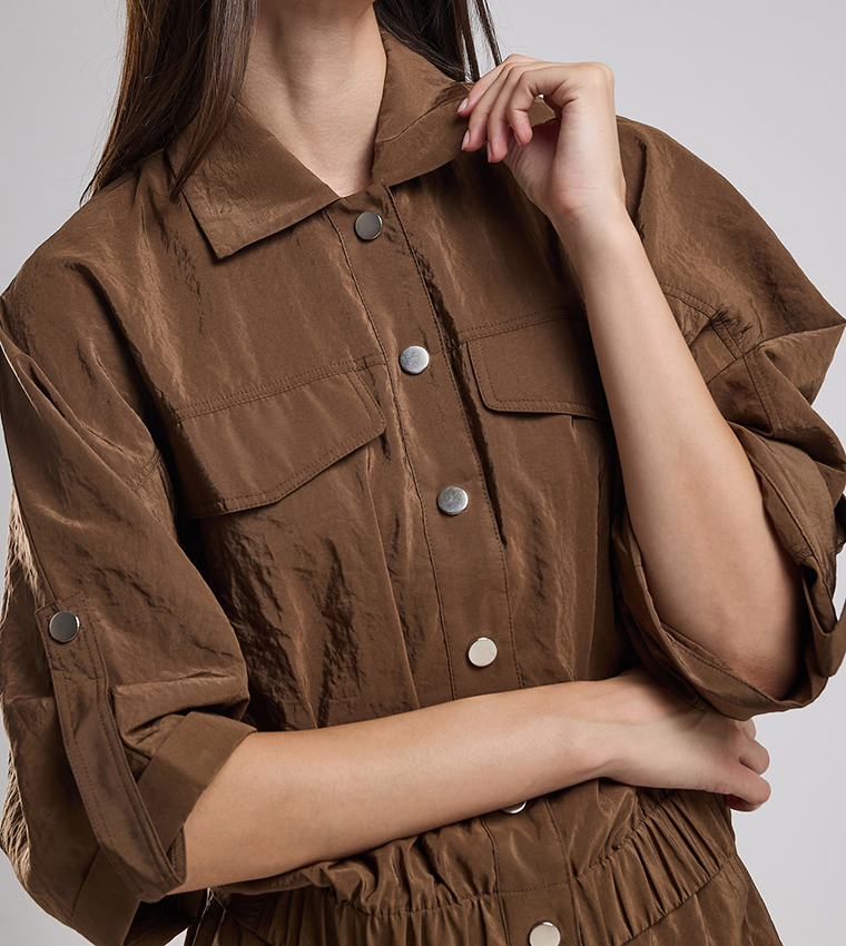 Solid Jacket with Shirt Collar and 3/4 Sleeves