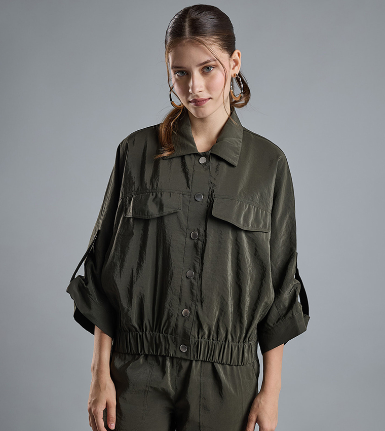 Solid Jacket with Shirt Collar and 3/4 Sleeves