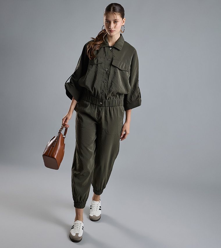 Solid Jacket with Shirt Collar and 3/4 Sleeves
