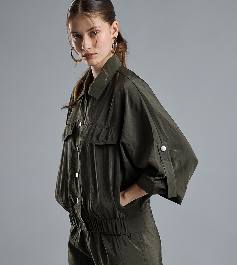 Solid Jacket with Shirt Collar and 3/4 Sleeves