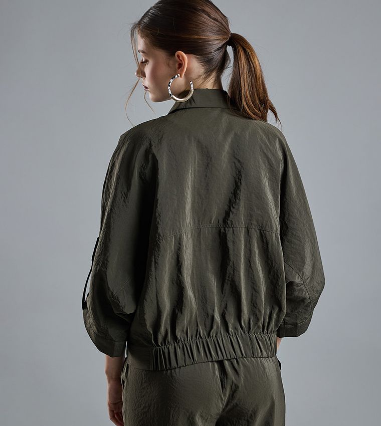 Solid Jacket with Shirt Collar and 3/4 Sleeves