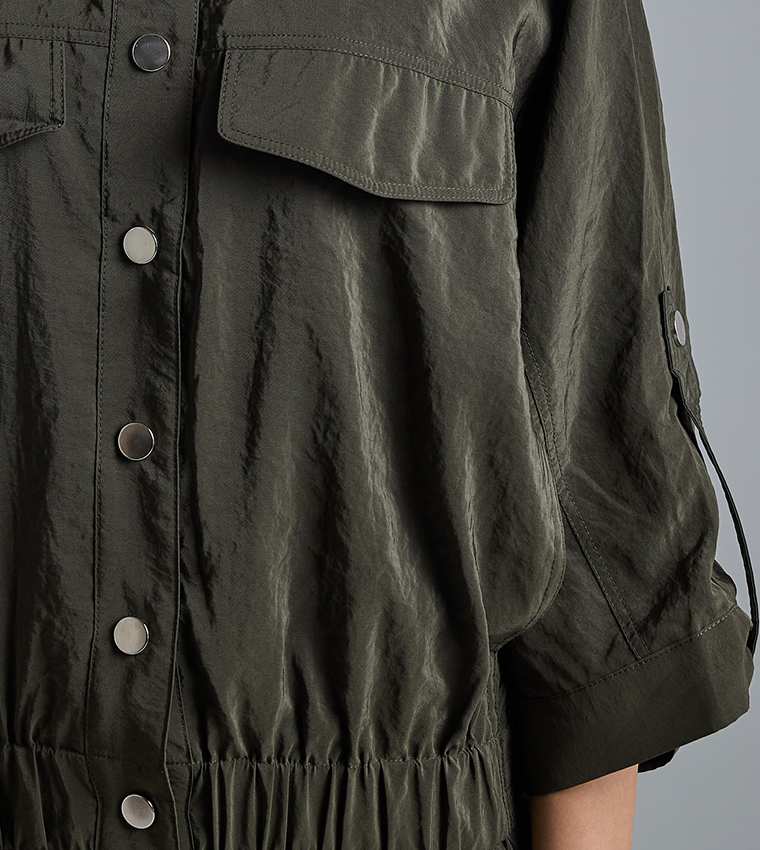 Solid Jacket with Shirt Collar and 3/4 Sleeves