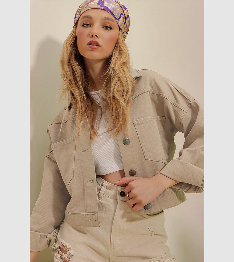 Cropped beige denim hot sale jacket