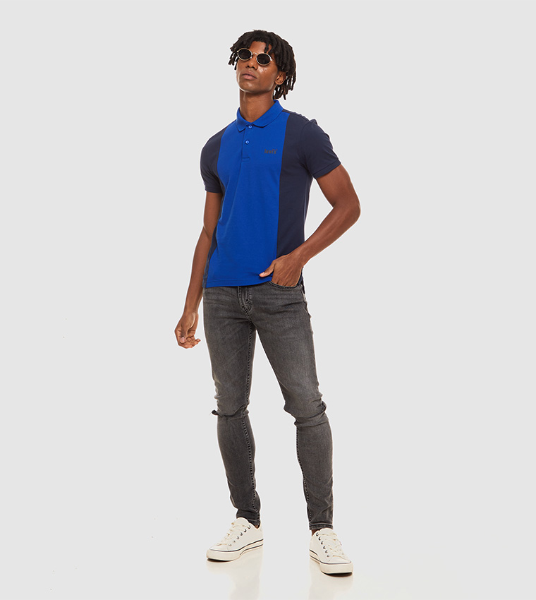 Babyhug Single Jersey Knit Half Sleeves Cut and Sew Polo T-Shirt with Lounge Pants with Smiley Print - White & Navy Blue