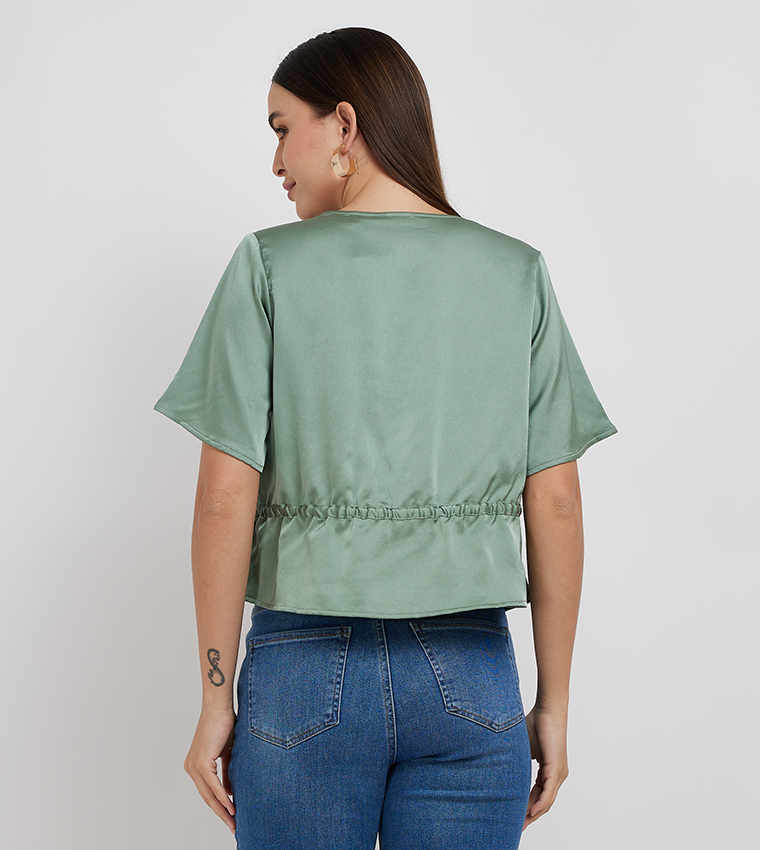 V-Neck Drawstring Waist Crop Top