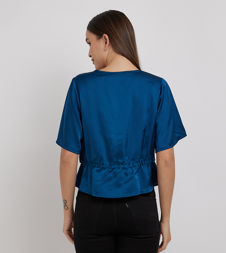 V-Neck Drawstring Waist Crop Top