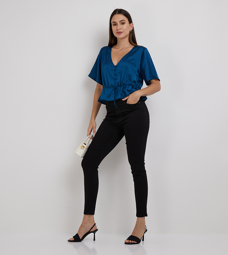 V-Neck Drawstring Waist Crop Top