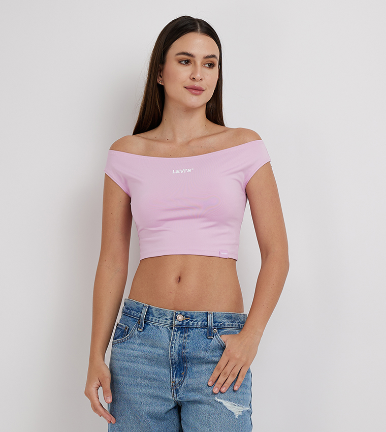 Logo Printed Off-Shoulder Crop Top