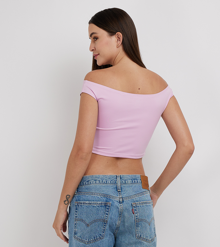 Logo Printed Off-Shoulder Crop Top