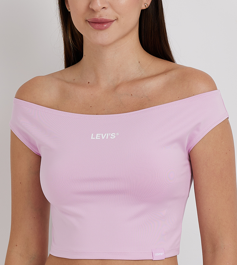 Logo Printed Off-Shoulder Crop Top