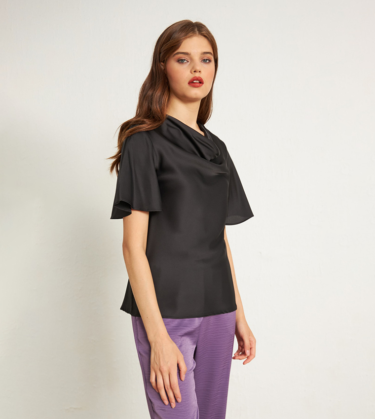 Lace-Up Cowl Neck Satin Top 