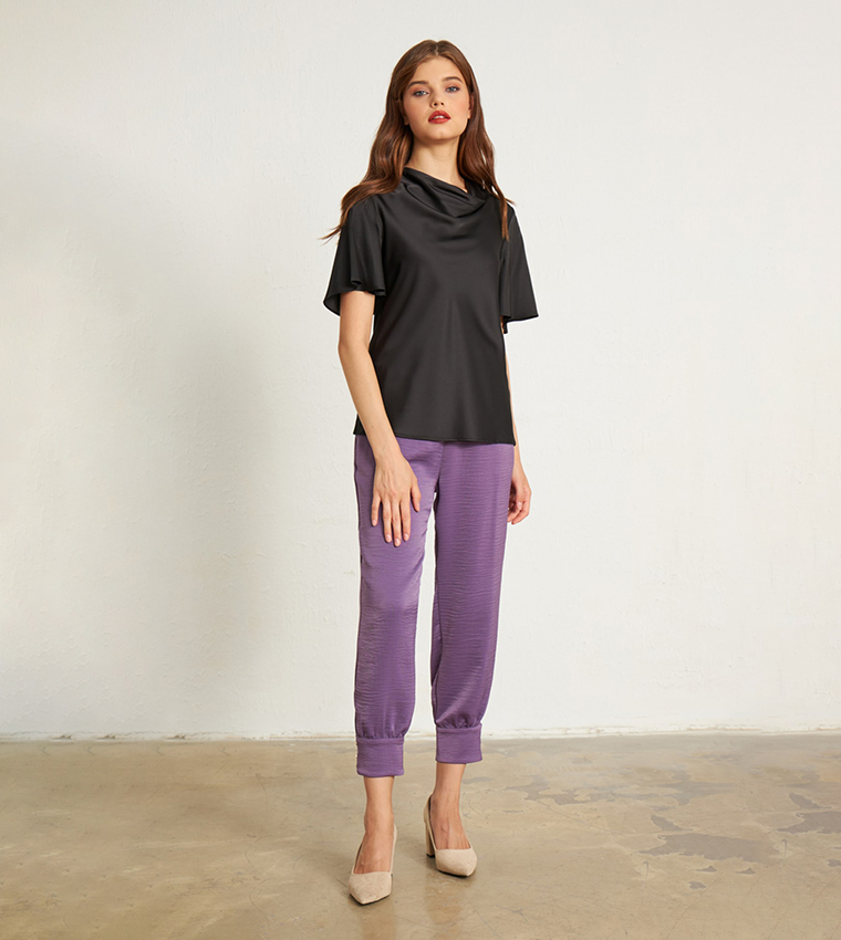 Lace-Up Cowl Neck Satin Top 