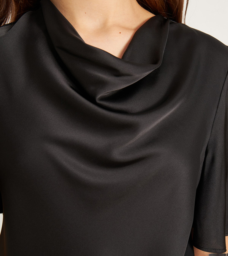 Lace-Up Cowl Neck Satin Top 