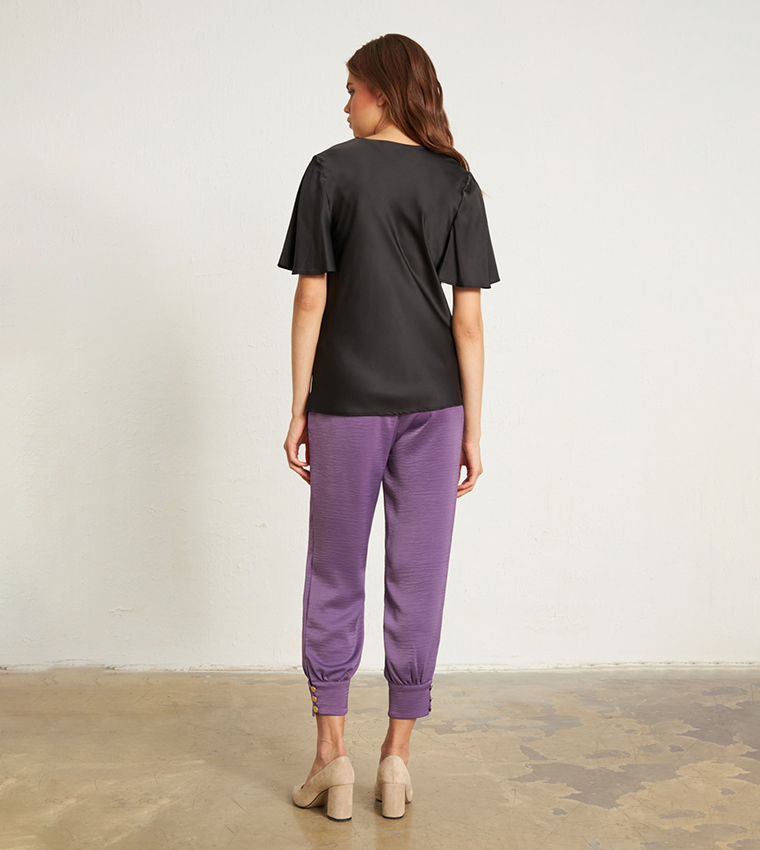 Lace-Up Cowl Neck Satin Top 