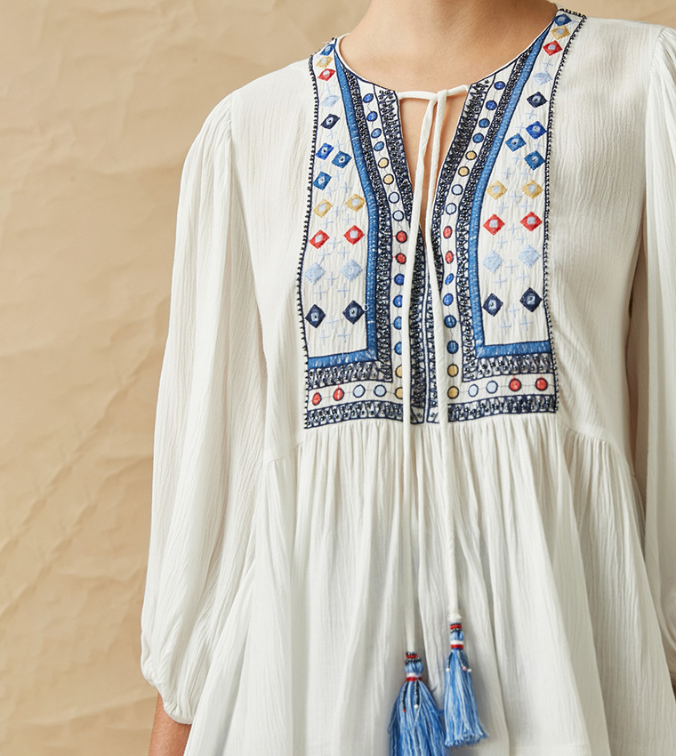 Embroidered Tassel Detail Top