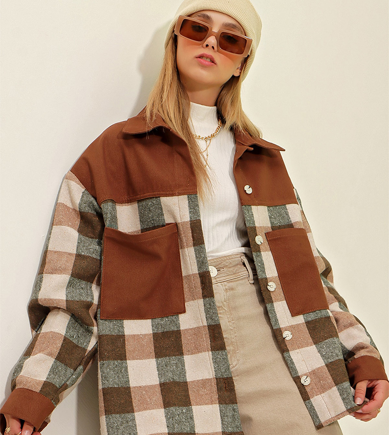 Color Block Checkered Cachet Oversized Jacket Shirt 