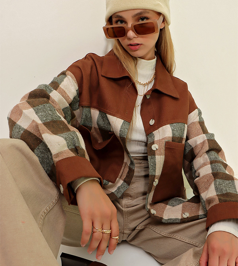 Color Block Checkered Cachet Oversized Jacket Shirt 
