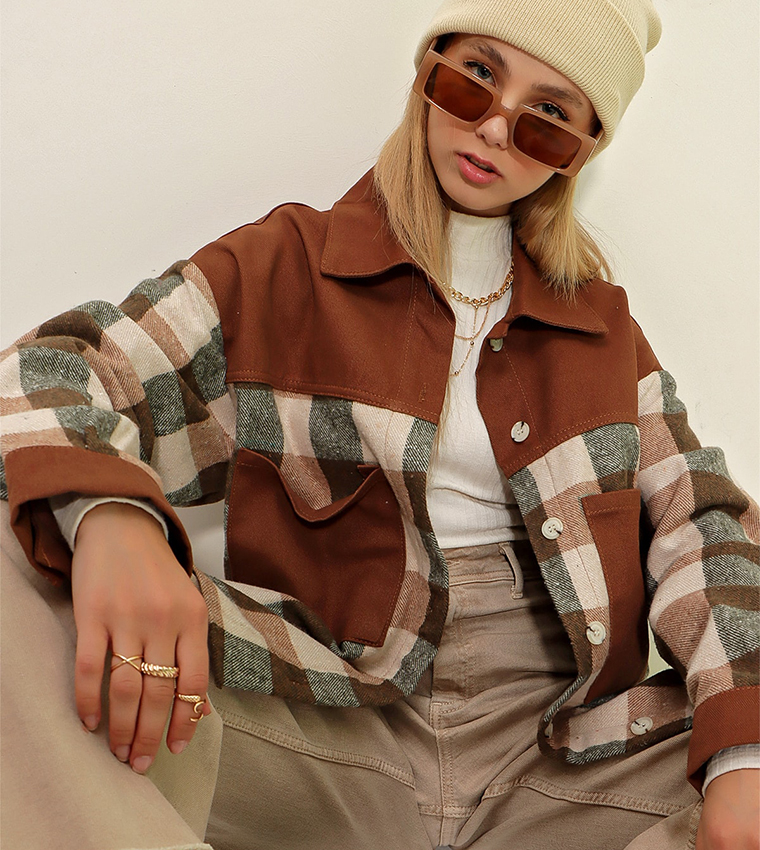 Color Block Checkered Cachet Oversized Jacket Shirt 