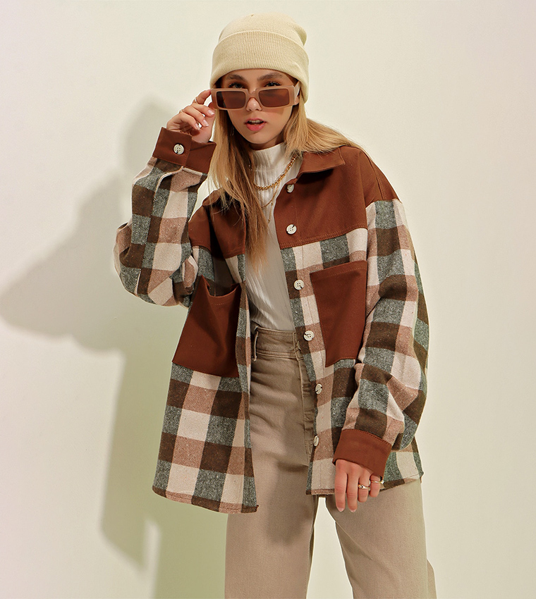 Color Block Checkered Cachet Oversized Jacket Shirt 