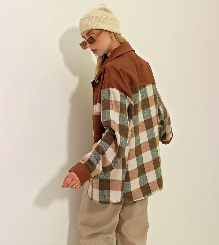 Color Block Checkered Cachet Oversized Jacket Shirt 
