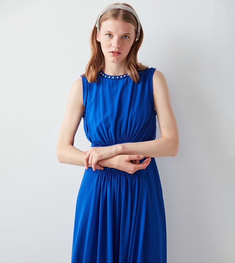 Studded Gathered Detail Midi Dress