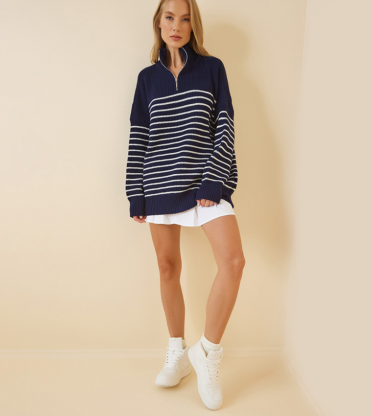 Buy Happiness stanbul Striped Zippered Oversized Sweater In Navy