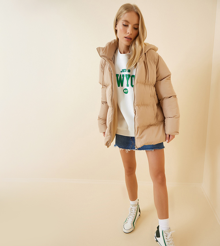 Buy Happiness stanbul Hooded Oversized Down Jacket In Cream