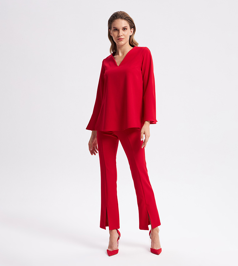 V Neck Slit Long Sleeves Top 