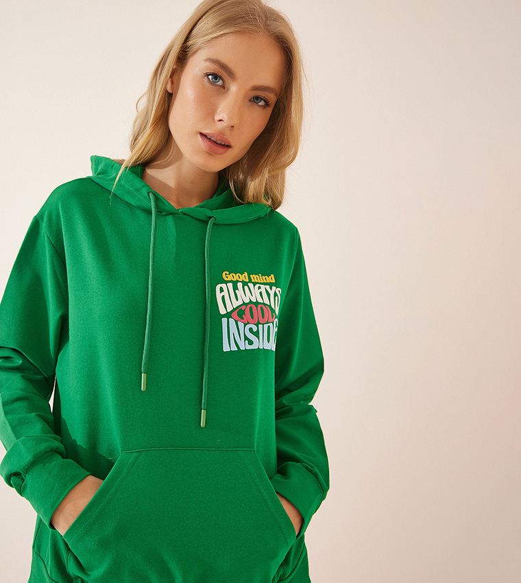 Buy Happiness İstanbul Typography Printed Hoodie In Green