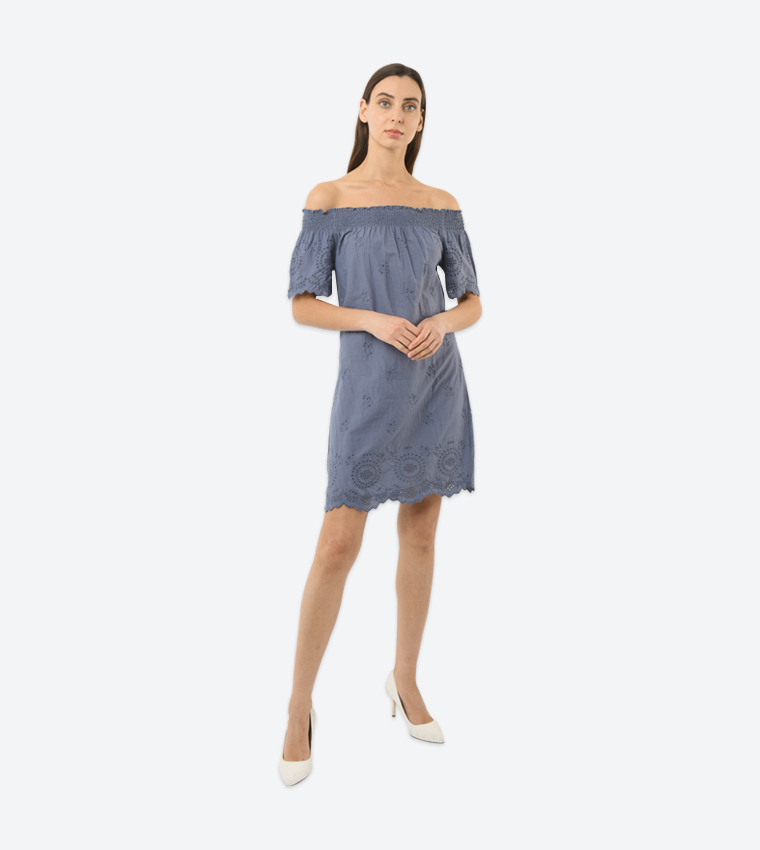 Buy Only Onlnew Shery Life Embroidered Off Shoulder Dress Blue In