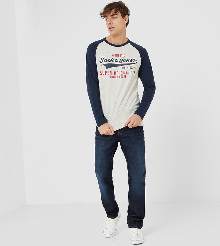 Jjeraglan Logo Tee L/S Plain Tee-Blue