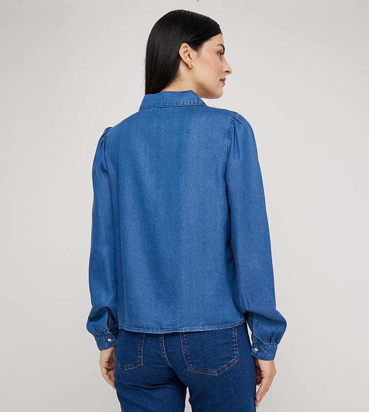 High neck denim sales shirt