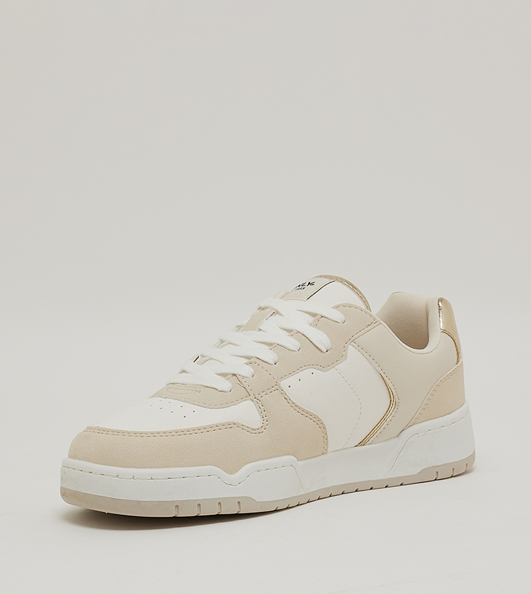 BLOCK SNEAKERS WITH EMBROIDERED TRIOMPHE IN PARCHMENT BEIGE SUEDE