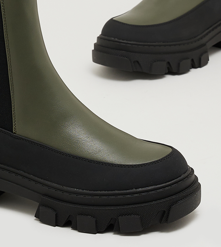 Wide Fit Cleated Sole Calf High Chelsea Boots